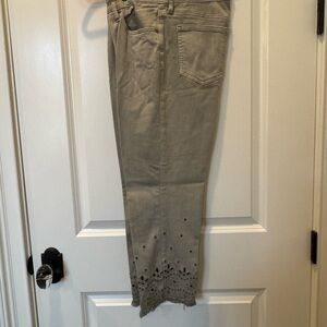 Chico’s so slimming girlfriend ankle sage green jeans with eyelet cuff detail
